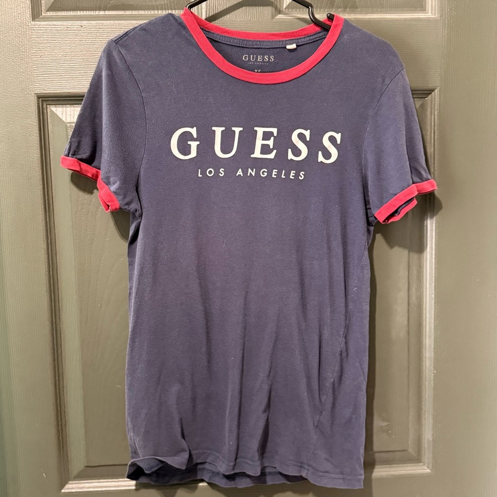 GUESS XS Blue Tee Red Trim Classic Casual Top